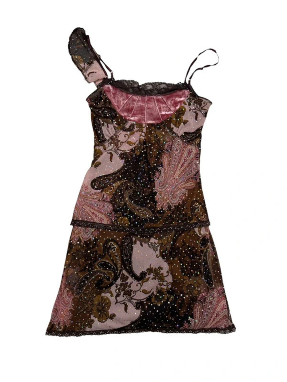 Promod Y2K Sparkly Glitter Paisley Mesh Mini Dress Pink Brown Velvet
